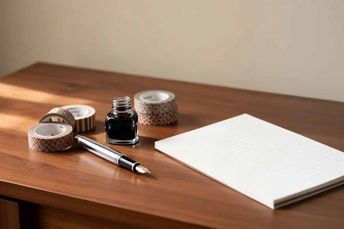 Bureau-scène met vulpen, inktfles en rollen washi-tape in zacht daglicht