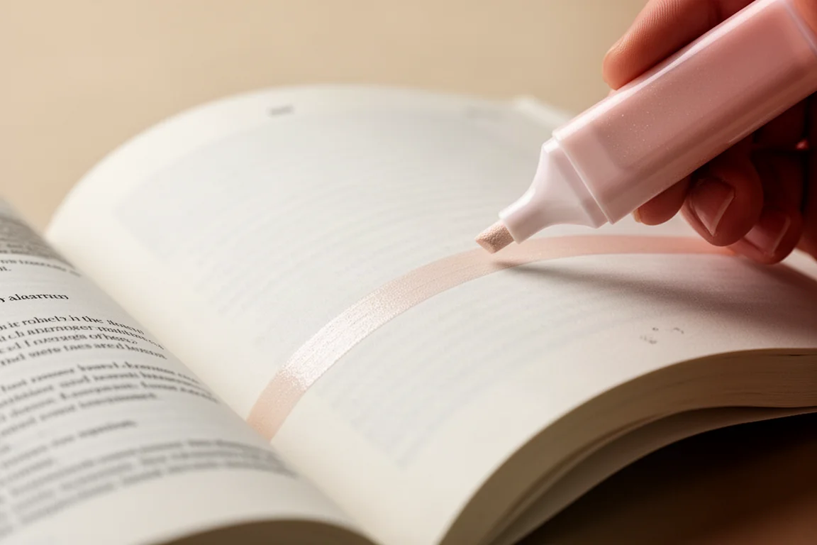 Markeerstift trekt een rechte lijn over een gebogen pagina van een studieboek