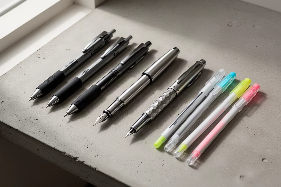 Nine Japanese mechanical pencils and pens arranged in a flat-lay on a concrete desk