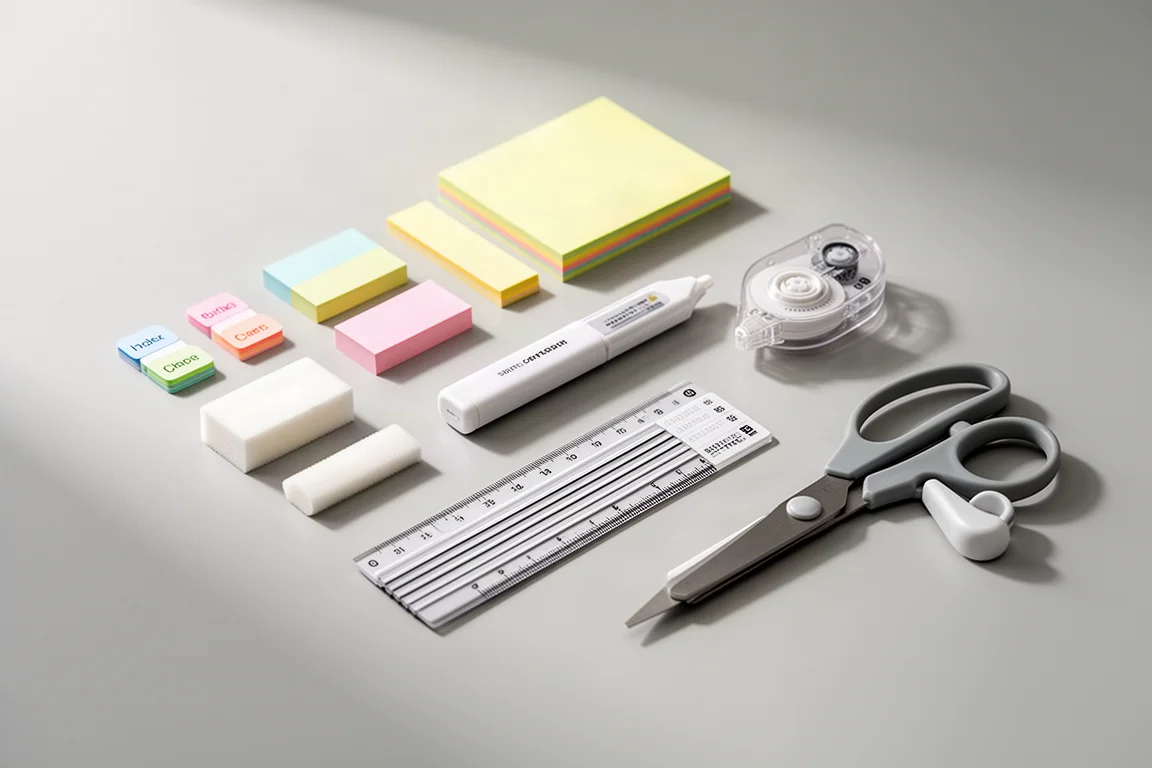 Flat lay of Japanese stationery accessories including tabs, correction tape, eraser, ruler, and scissors