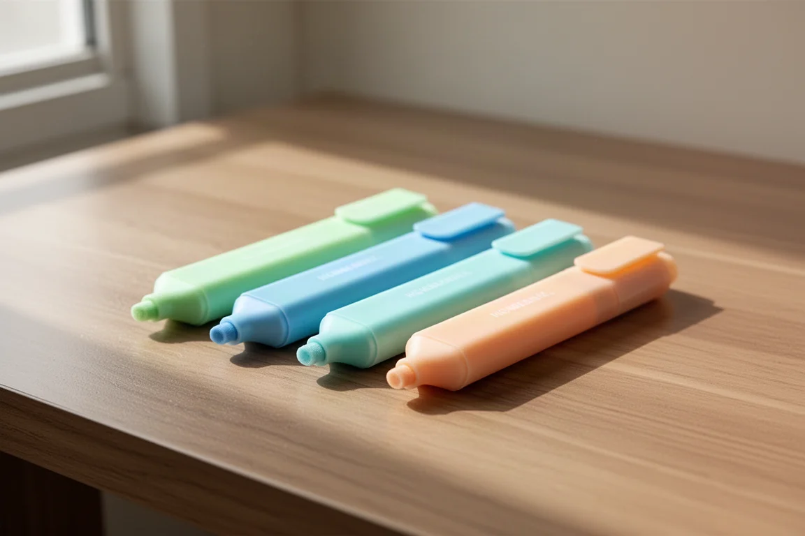 Resaltadores de colores pastel y marcadores de tinta perfumada sobre un escritorio de madera
