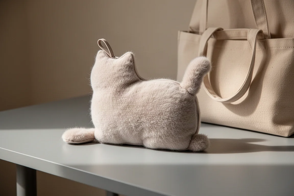 Práctico necesero de tela con forma de gato esponjoso y pequeña cola sobre un escritorio