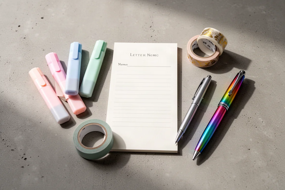 Mise à plat de papeterie japonaise avec surligneurs, bloc-notes, ruban washi et stylos
