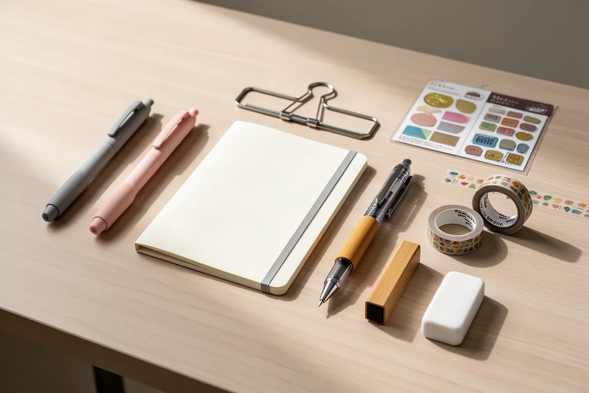 Flat-lay of award-winning Japanese stationery items on a light wood desk