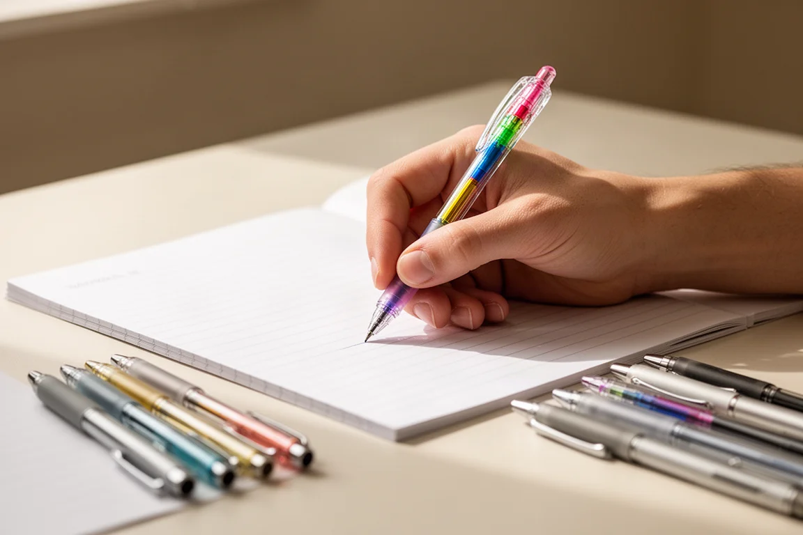 Hand writing notes with a colorful gel pen on lined notebook paper