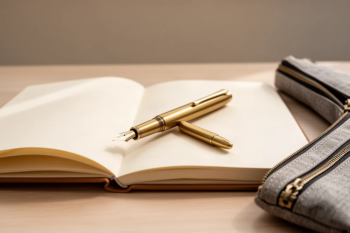 Fountain pen and notebook on a wooden desk beside a pen case