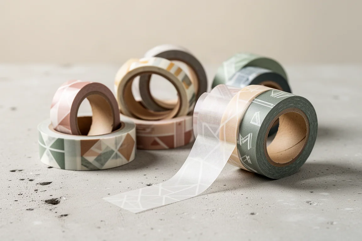 Washi tape rolls in assorted colors and patterns arranged on a desk