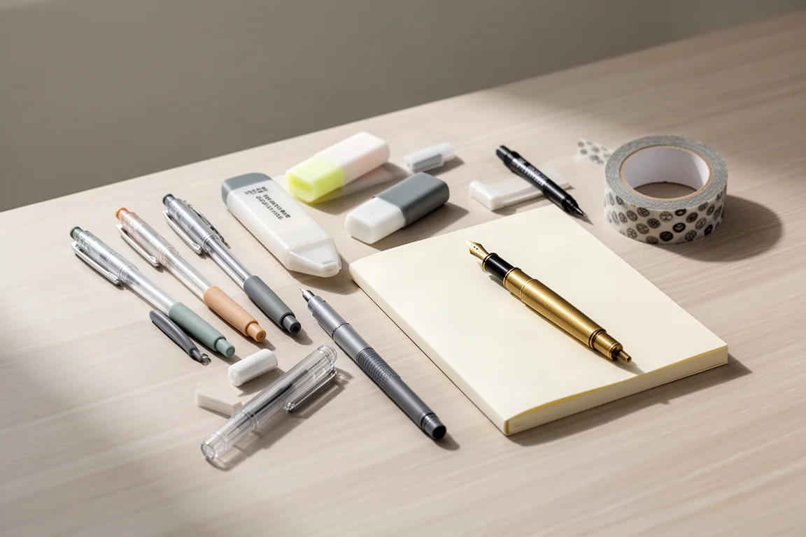 Assortimento di cancelleria giapponese con penne, un quaderno e washi tape su una scrivania in legno