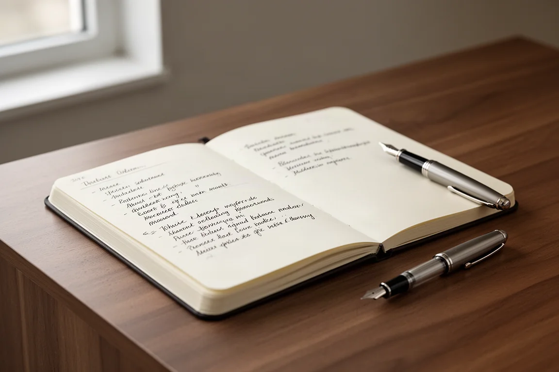 Offenes Notizbuch mit handschriftlichen Notizen auf einem Holzschreibtisch neben einem Stift