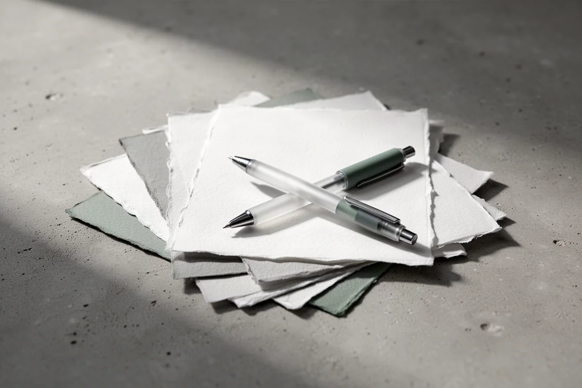 Loose-Leaf-Papierblätter ausgebreitet mit einem Gelstift, der darauf ruht