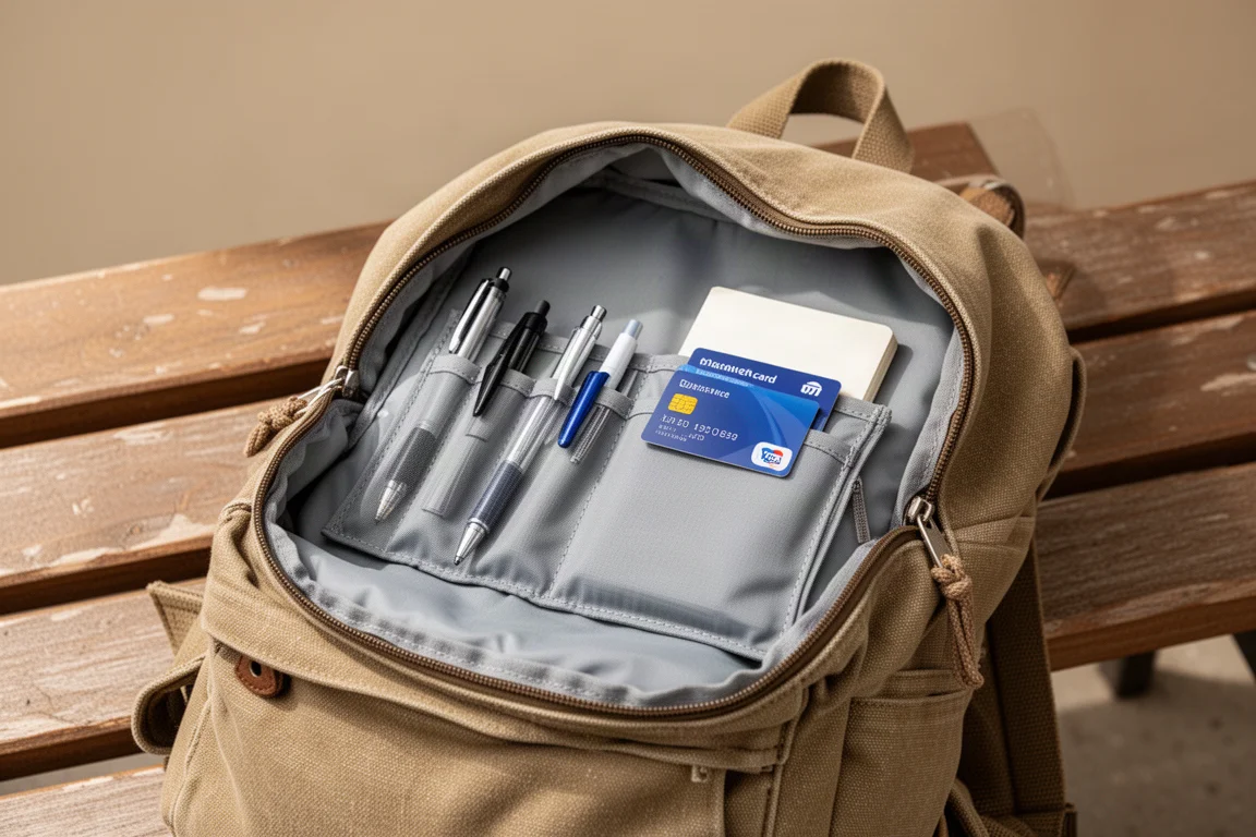 Geöffneter Rucksack, der eine aufgeräumte Tasche voller Schreibwaren zeigt
