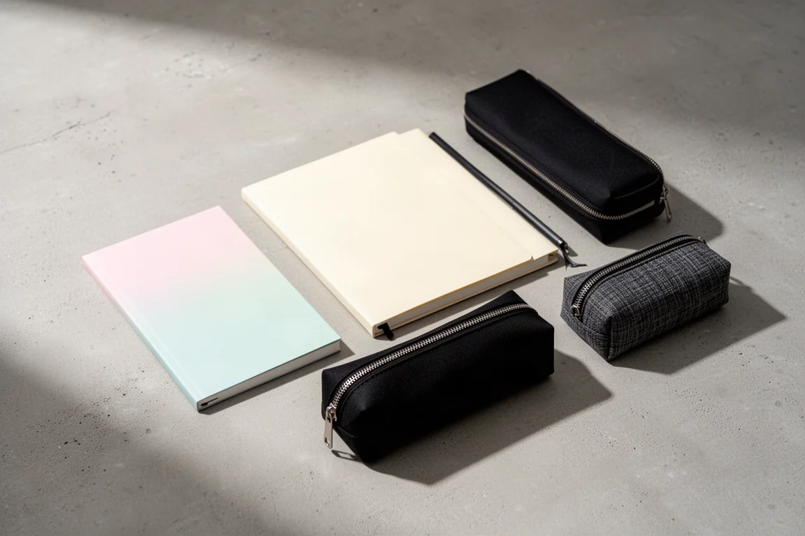 Flat-lay of Japanese notebooks, binder, pen cases, and organizer pouch on concrete