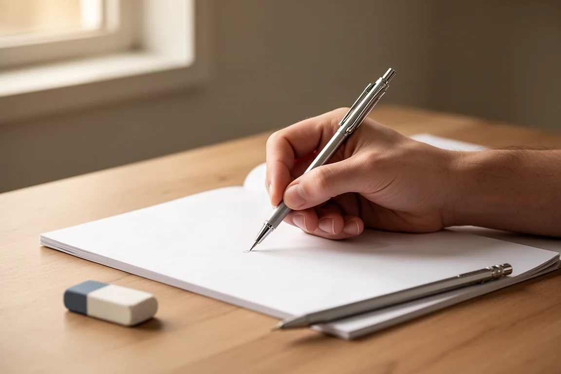 Manos escribiendo con un portaminas sobre papel de cuaderno liso en un escritorio ordenado
