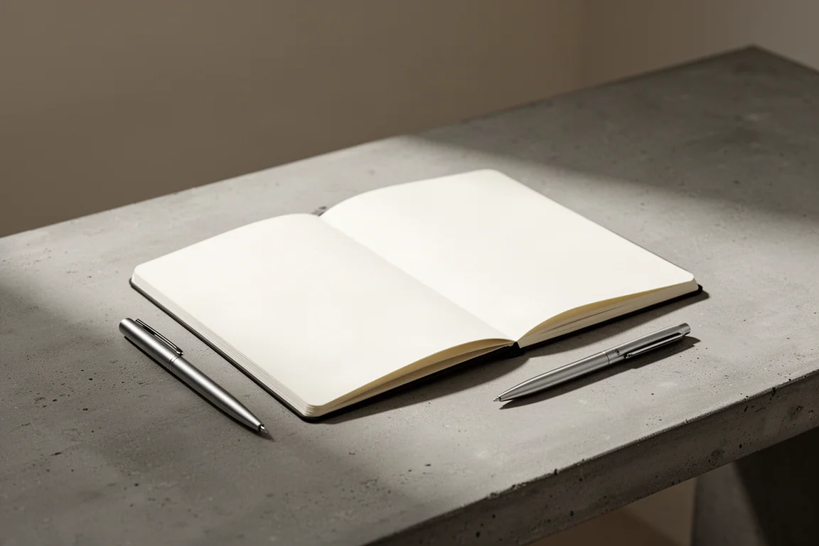 Un cuaderno minimalista y elegante abierto sobre un escritorio limpio con una pluma estilográfica cerca