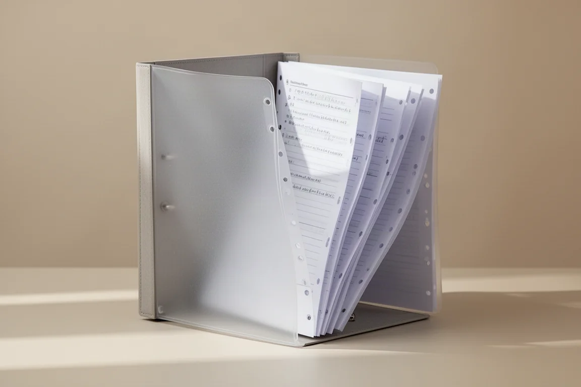 Carpeta de anillas delgada y flexible con hojas taladradas abierta sobre un escritorio