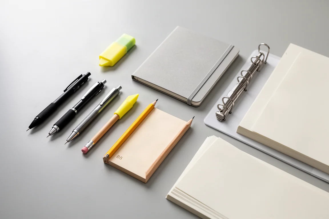 Curated flat lay of Japanese mechanical pencils, pens, highlighter, notebook, binder, and loose leaf paper on a grey desk