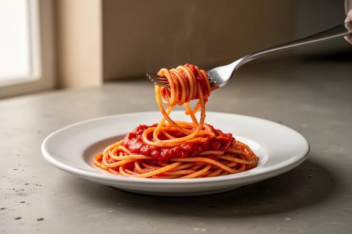 A plate of spaghetti topped with marinara sauce on a rustic table