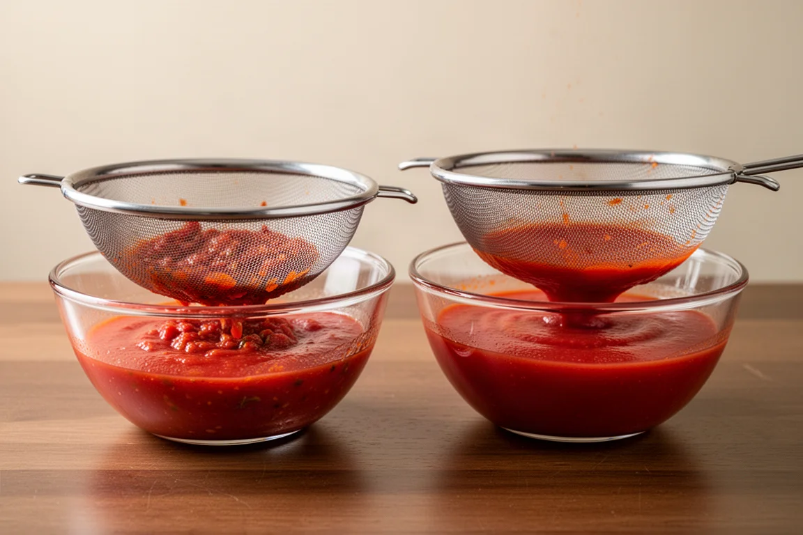 Two sauces being strained side by side to compare thickness