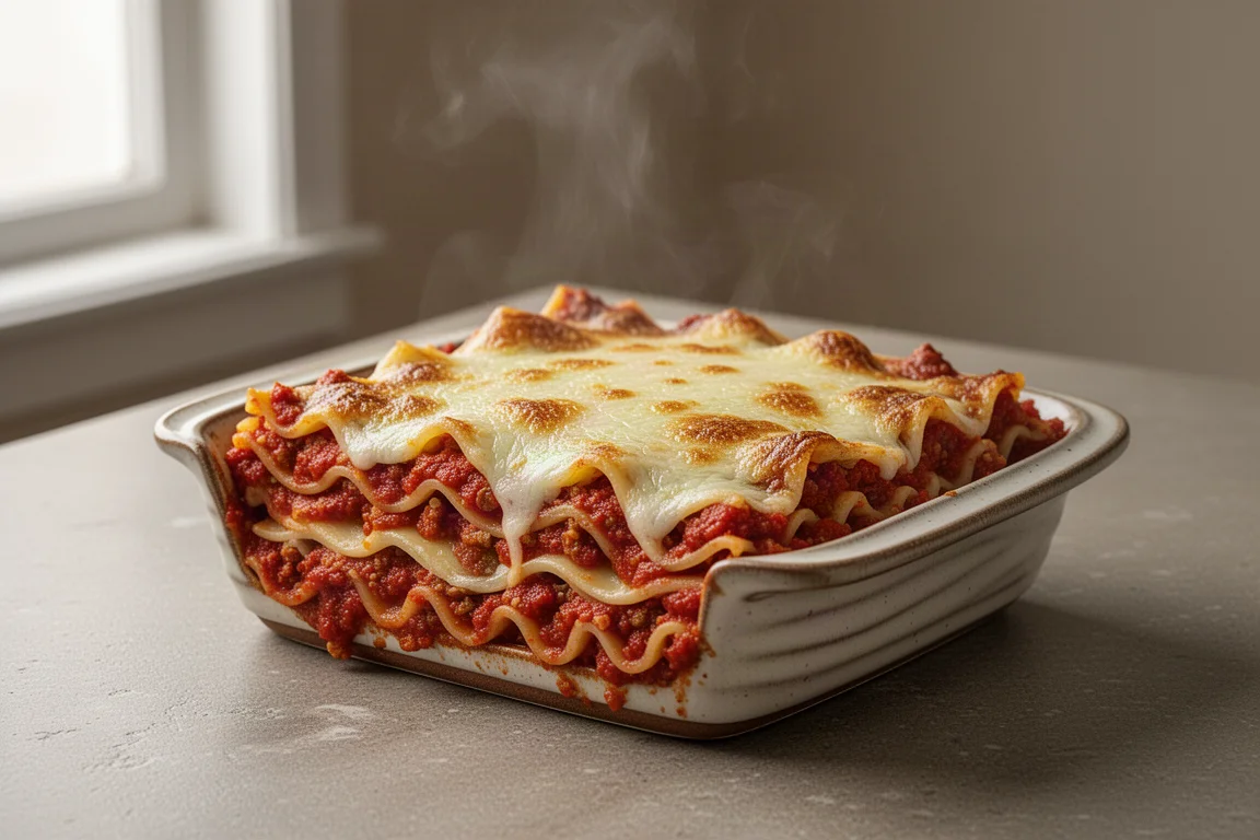 A lasagna freshly cut showing layered pasta and sauce