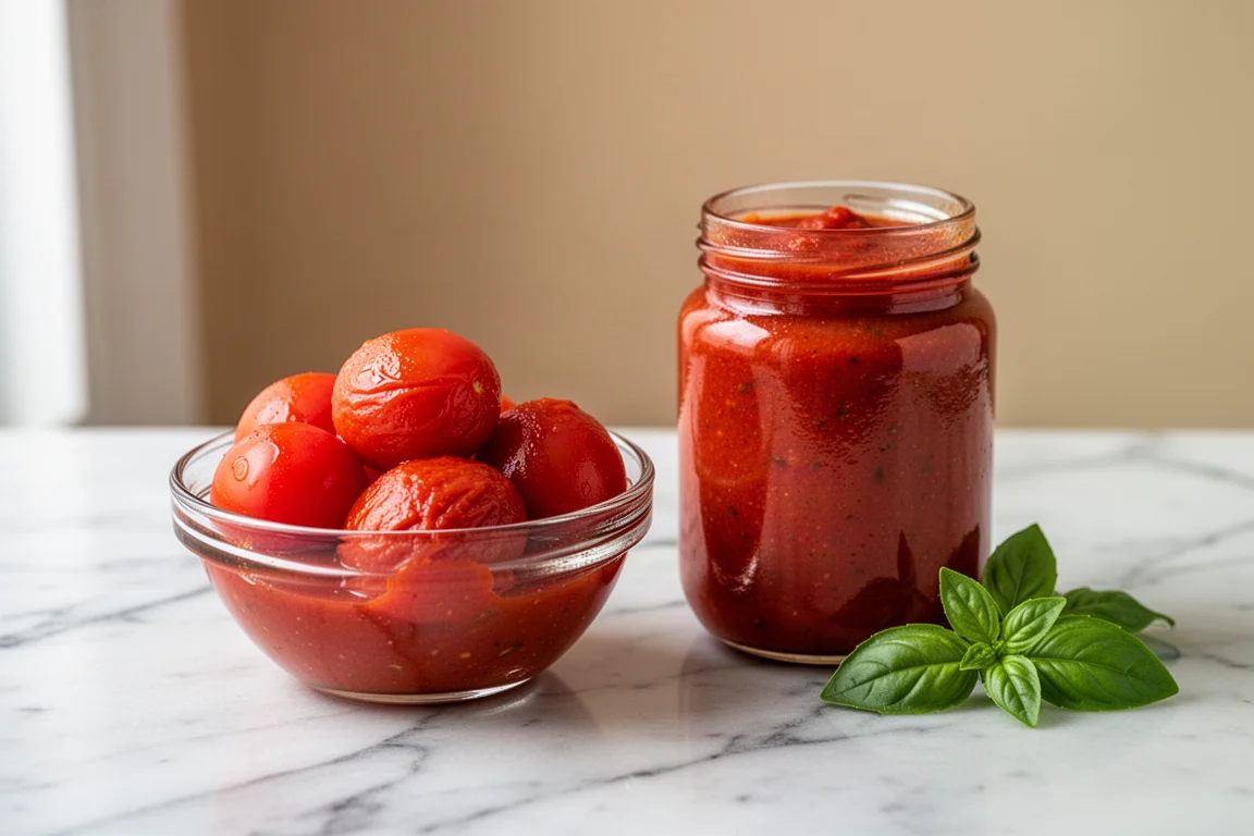 Whole peeled canned tomatoes in a bowl next to a jar of sauce
