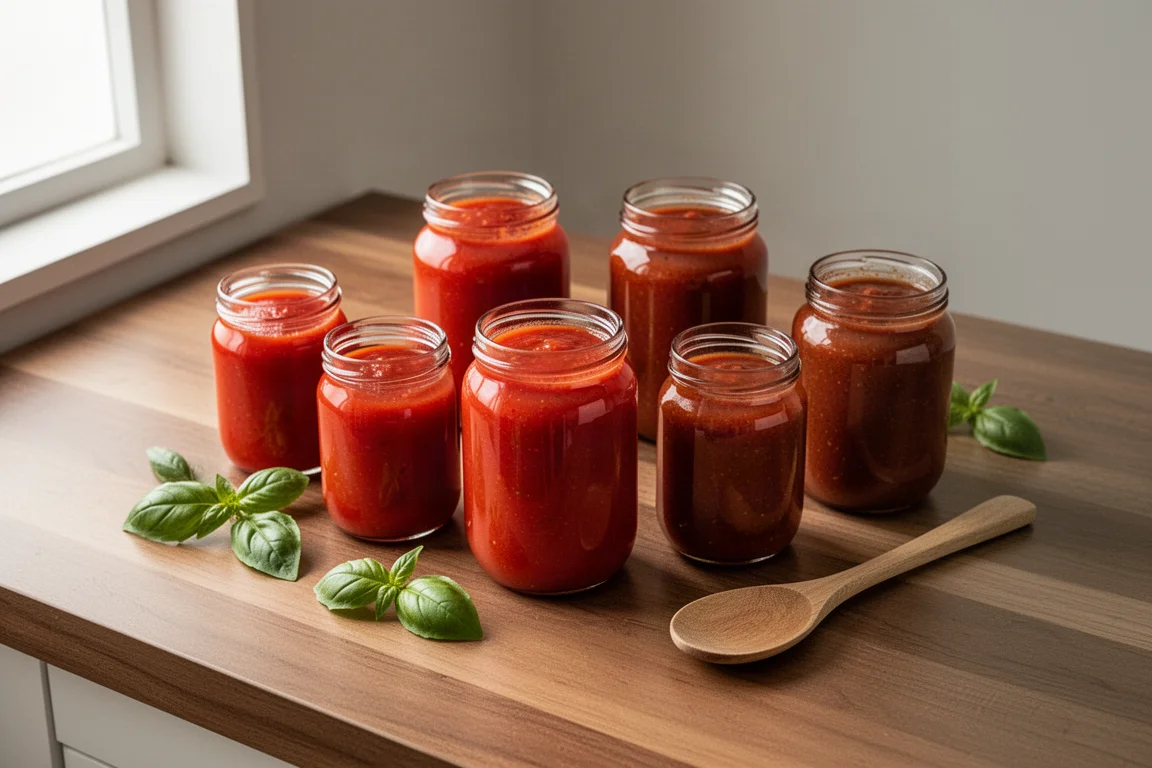 Selection of glass jars of pasta sauce on a wooden counter with basil leaves