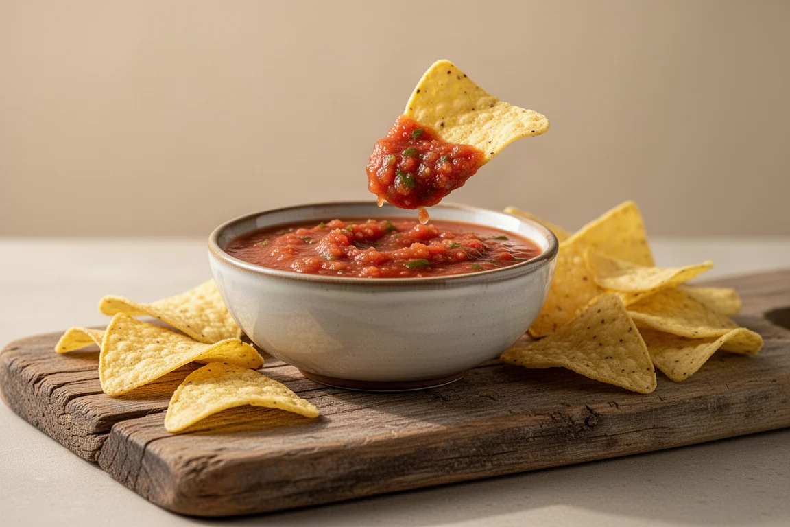 Tortilla chips intinti in una ciotola di salsa rossa a pezzetti su un tavolo di legno