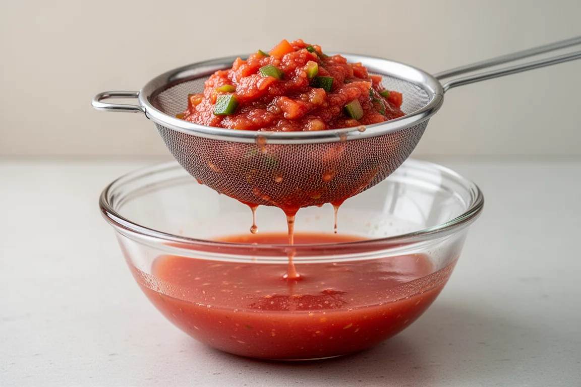 Salsa filtrata attraverso un colino a maglia fine per separare il succo
