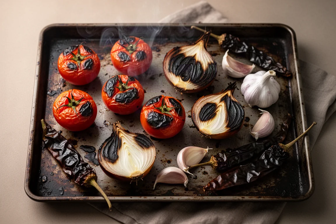 Pomodori, cipolle e peperoncini arrostiti su una tegania scura