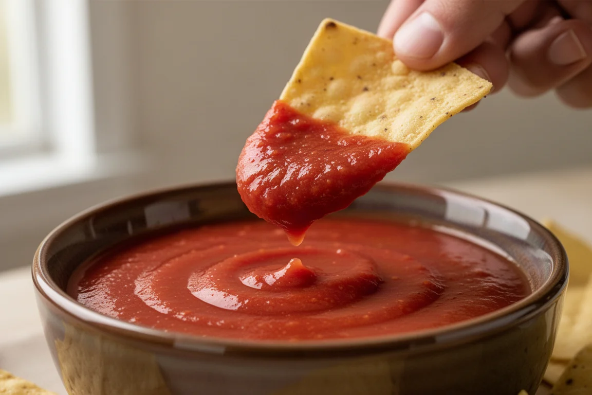 Salsa rossa liscia che ricopre una tortilla chip sollevata sopra una ciotola