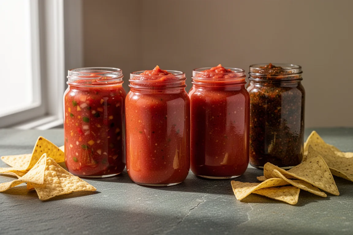 Four jars of salsa lined up on a stone surface with tortilla chips