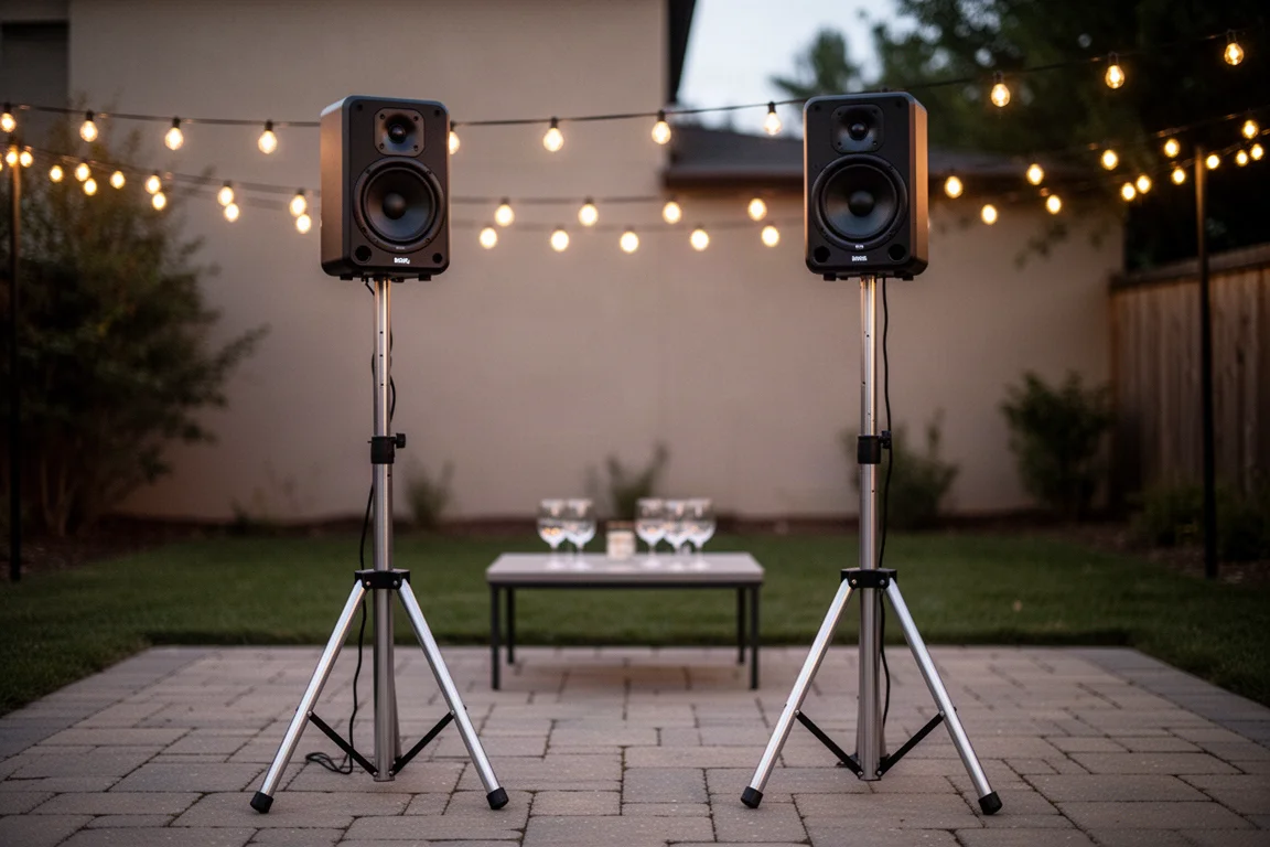 Deux enceintes compactes de fête sur de grands pieds sur une terrasse au crépuscule avec des guirlandes lumineuses en arrière-plan