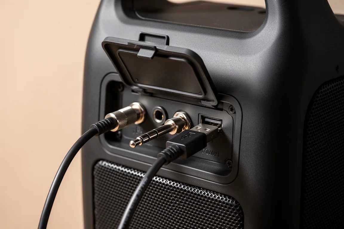 Gros plan du panneau arrière d'une enceinte de fête avec des câbles jack et une prise USB connectée