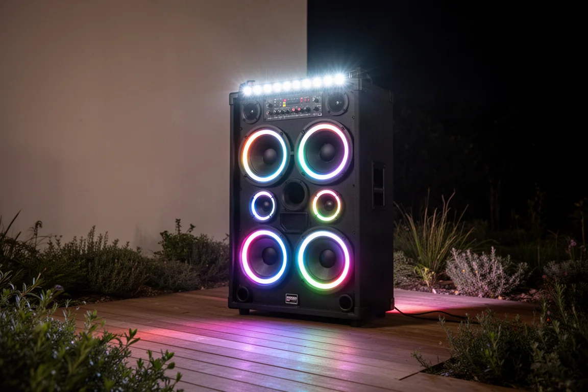 Grande enceinte de fête avec des anneaux RGB lumineux et des strobes sur une terrasse la nuit