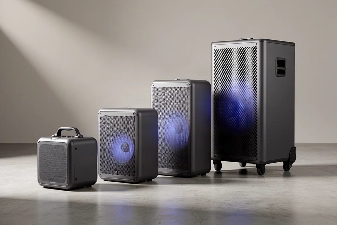 Four party speakers of increasing size arranged in a row on a concrete floor