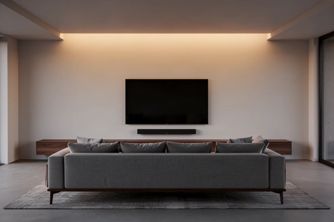 黃昏時分的客廳,壁掛螢幕下方擺著一支 sound bar,天花板映著燈光