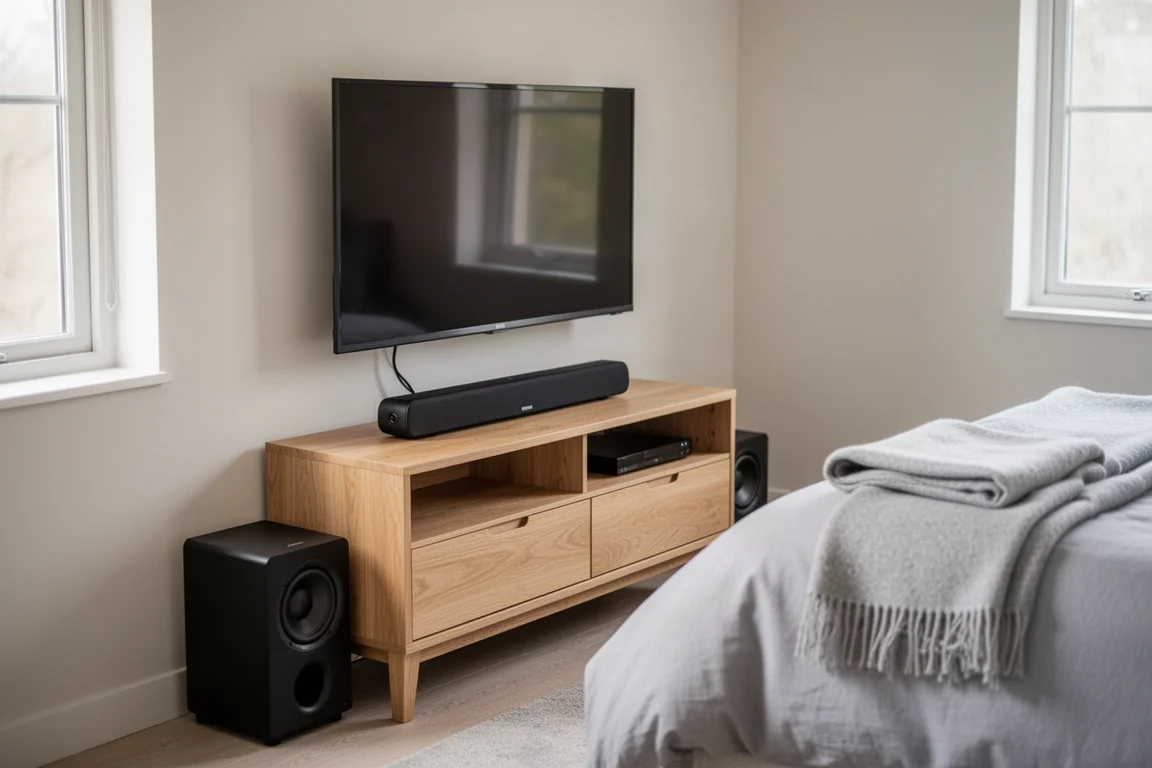 精巧的臥室配置,擺放小型 sound bar、媒體櫃,旁邊還有一只無線重低音
