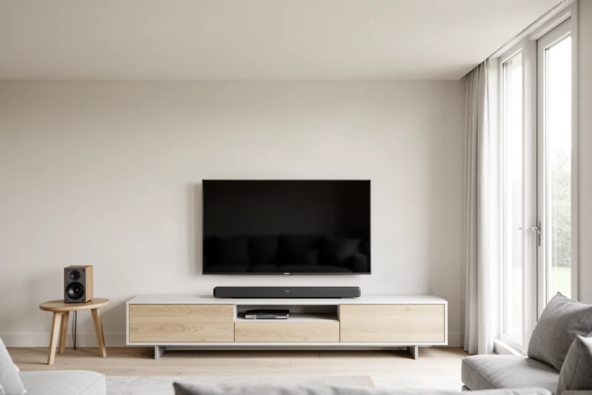 明亮的客廳,媒體櫃上擺著纖薄 sound bar,邊桌則放著一顆環繞喇叭
