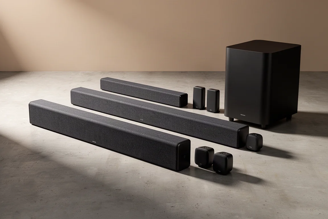 Four black sound bars of increasing size with a subwoofer on a concrete surface