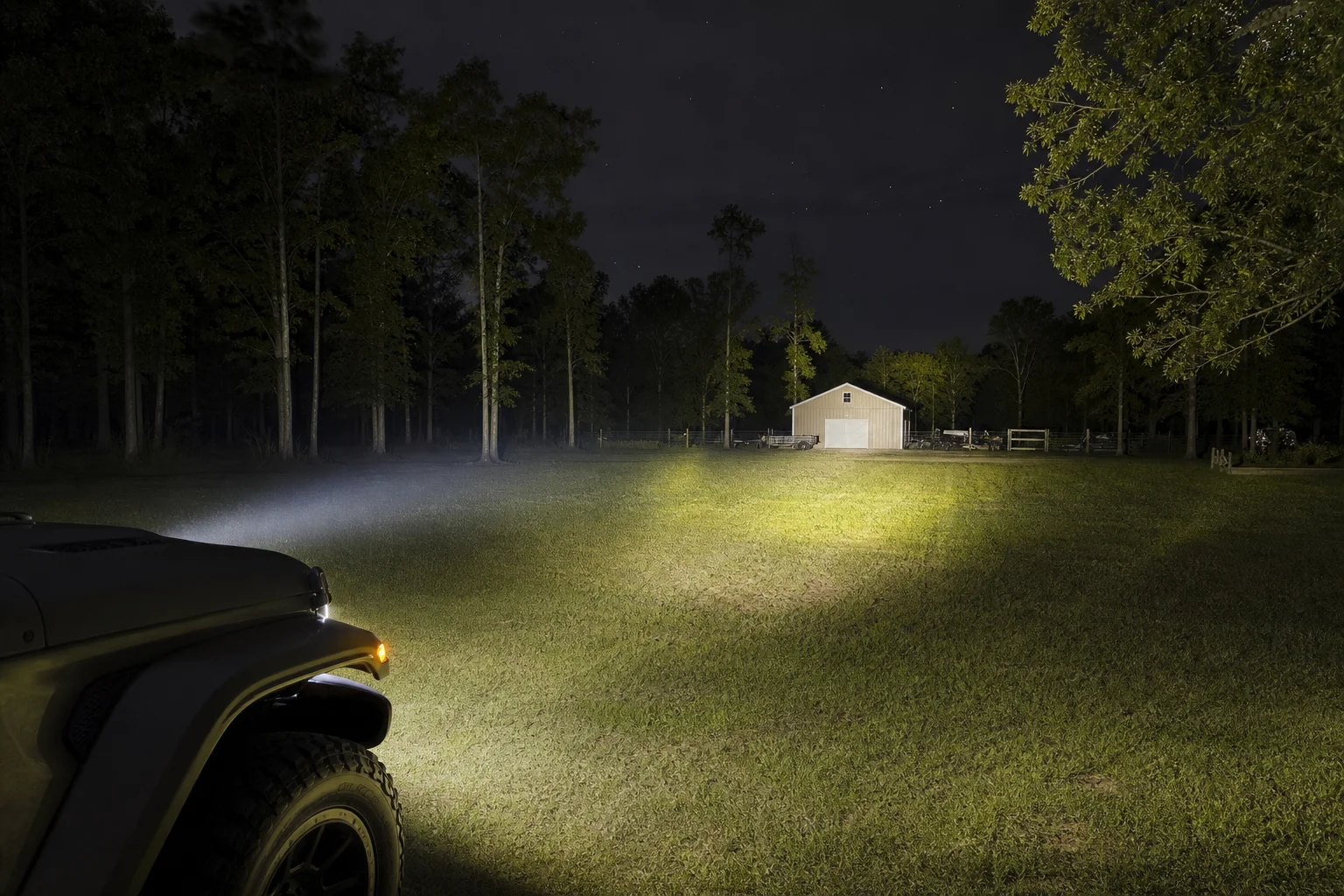 Jeep headlight beam illuminating distant shed and yard at night
