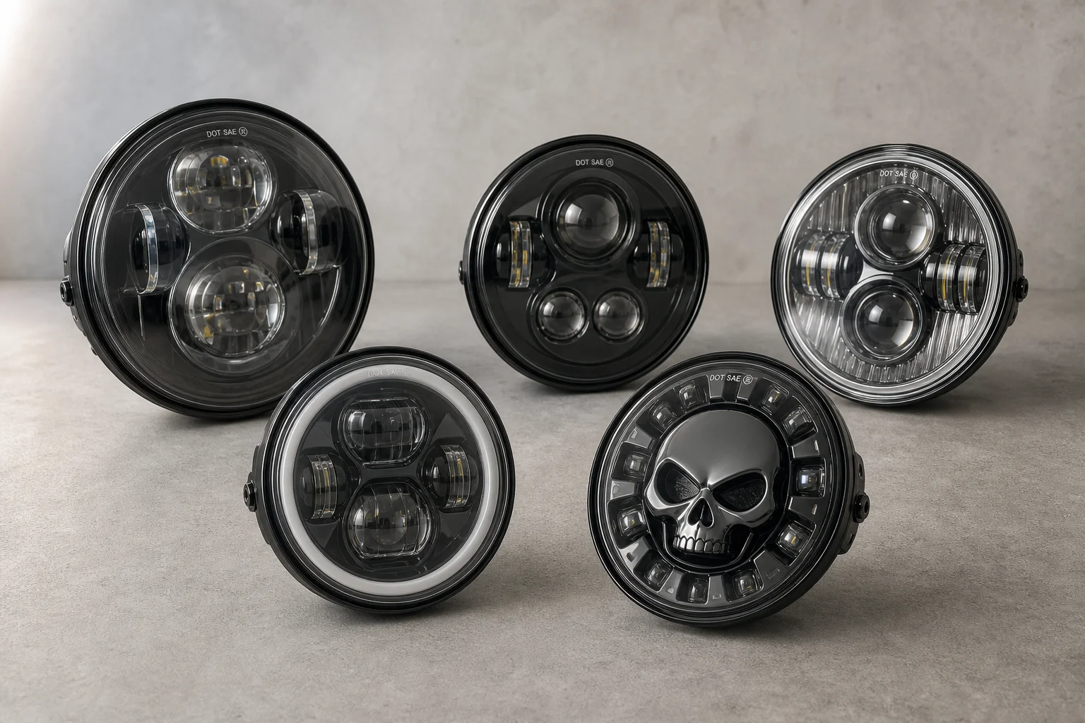 Five LED and drop-in headlights arranged on concrete surface