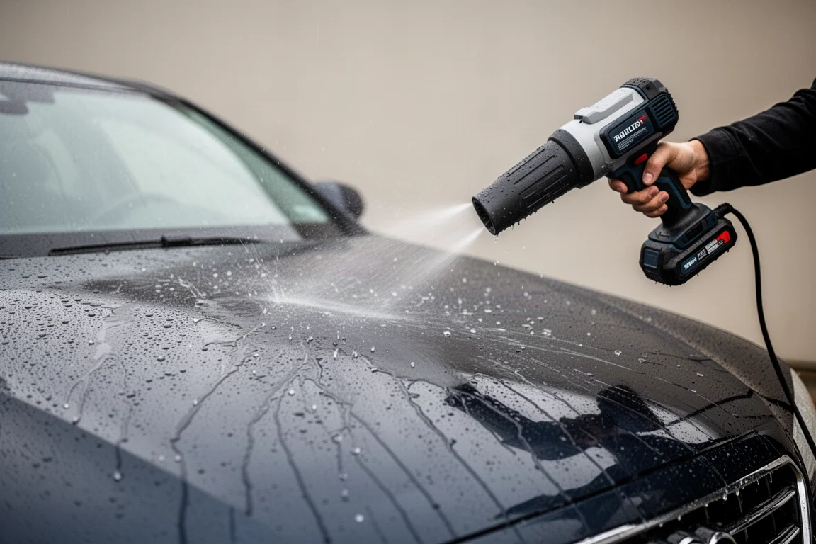 Car hood being dried with a handheld blower after a wash