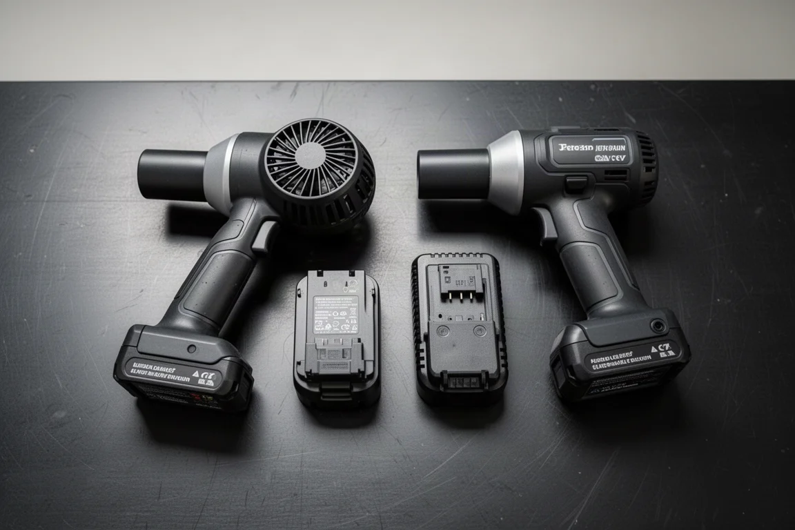 Several compact blower tools and battery packs laid out on a workbench