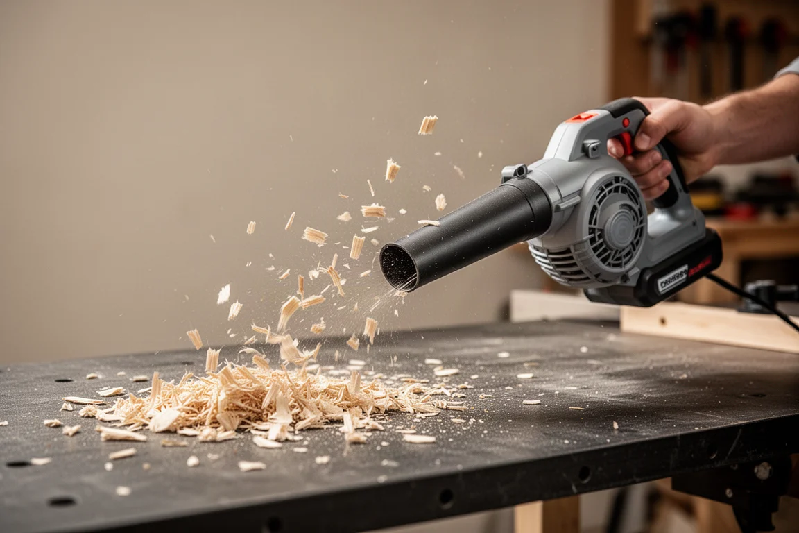 Blower clearing wood chips off a workbench in a workshop