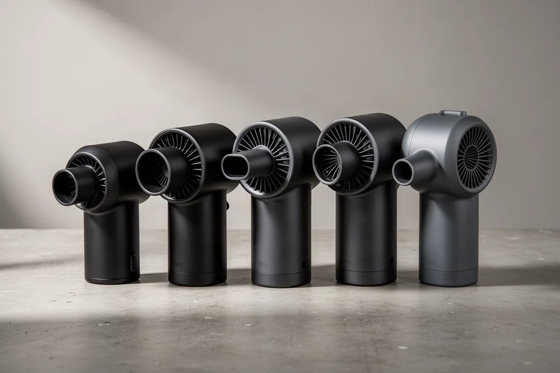 Row of compact cordless jet fan blowers on a concrete workshop surface