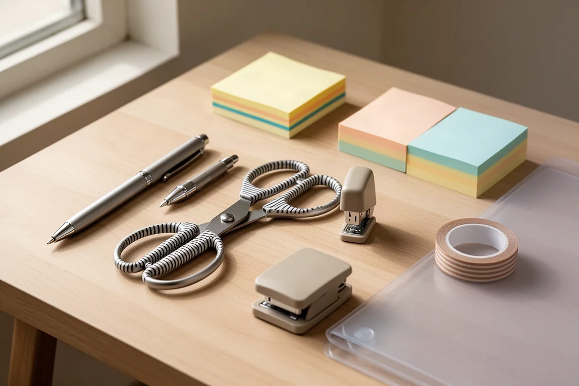 Flat lay of stationery essentials including a pen, scissors, stapler, sticky notes, folder, and washi tape on a desk