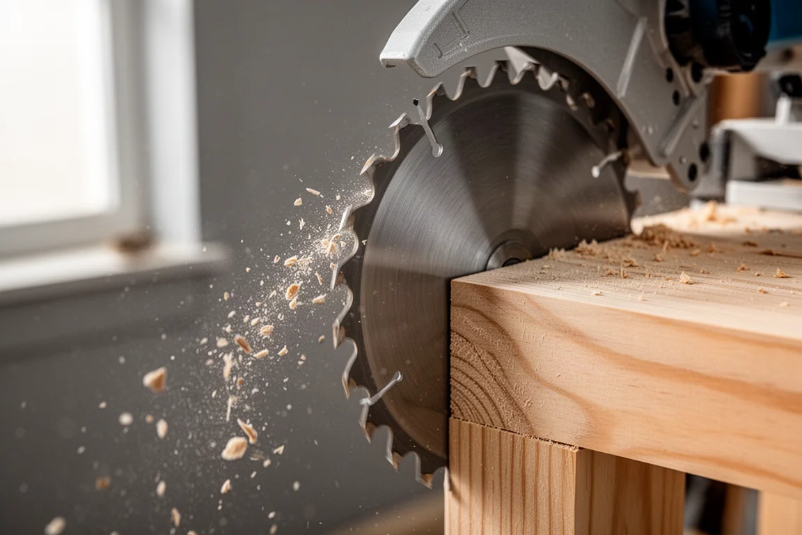 Circular saw blade cutting through dimensional lumber with chips clearing away
