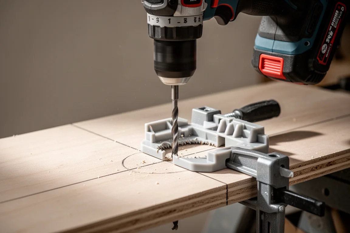 Drill with hole saw cutting a precise hole in a workpiece using a guide