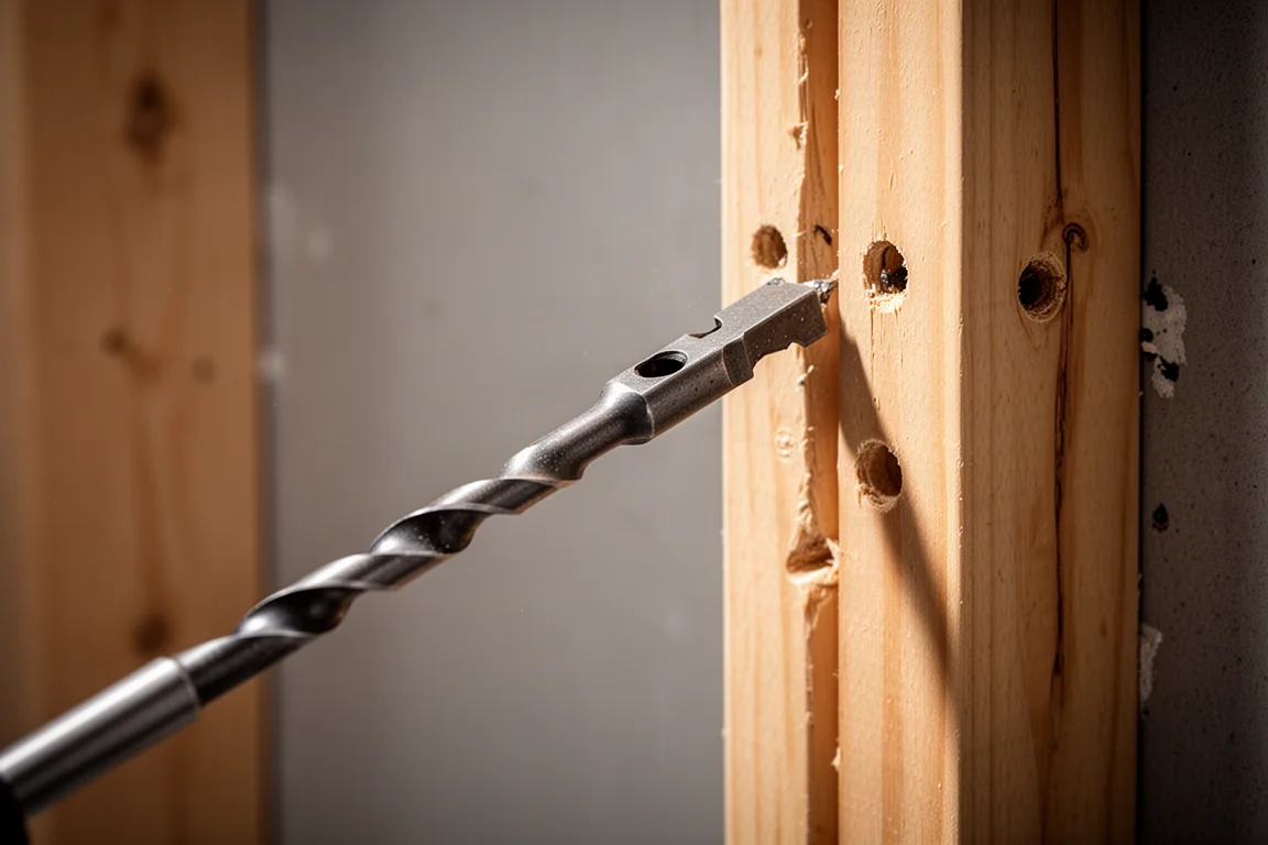 Flexible installer drill bit reaching into a narrow wall cavity