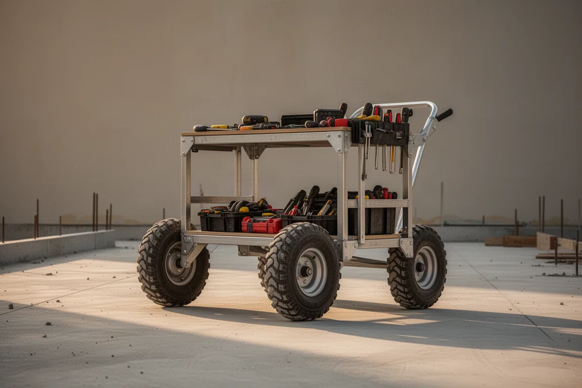 Compact workstation in cart mode being rolled across a rough job site