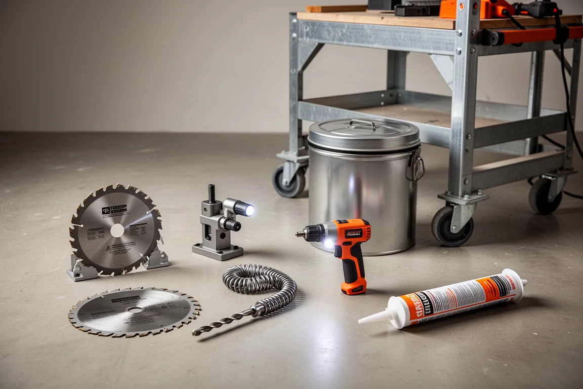 Collection of job site accessories including saw blade, drill bits, and adhesive on concrete